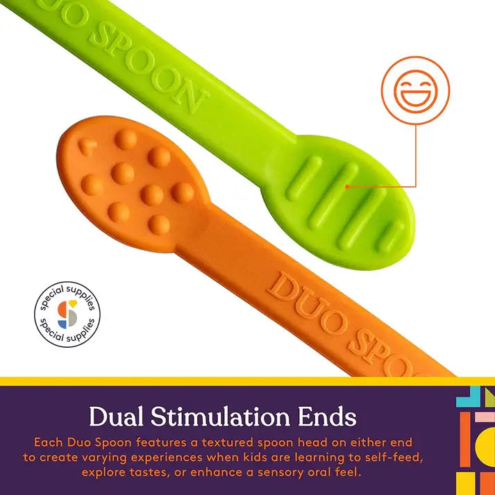An infographic showing the different textures of the Special Supplies Duo Spoon 3 Pack - Blue, Orange, Green.