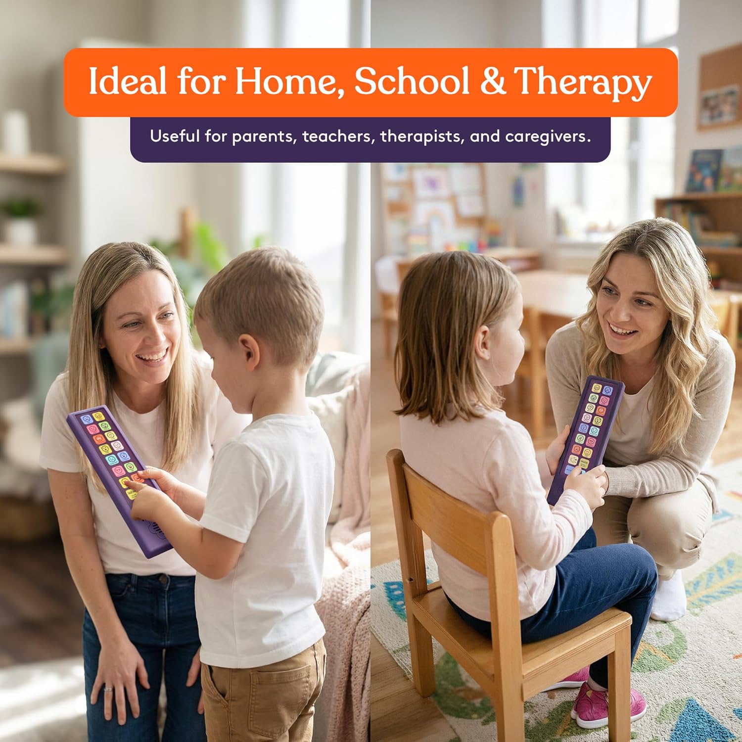 An infographic showing where the Emotion Talker Buddy AAC Device can be used.