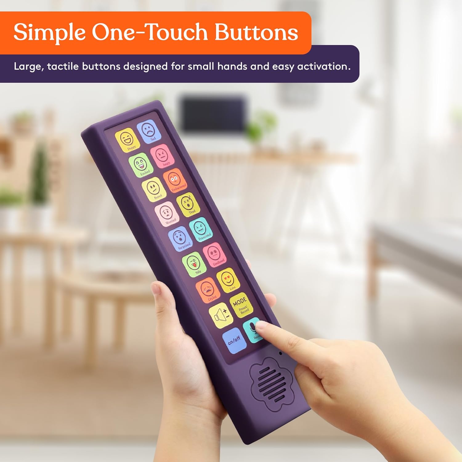 An infographic demonstrating that the Emotion Talker Buddy AAC Device has simple one-touch buttons for small hands.