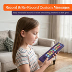 A child records a custom message on the Emotion Talker Buddy AAC Device.