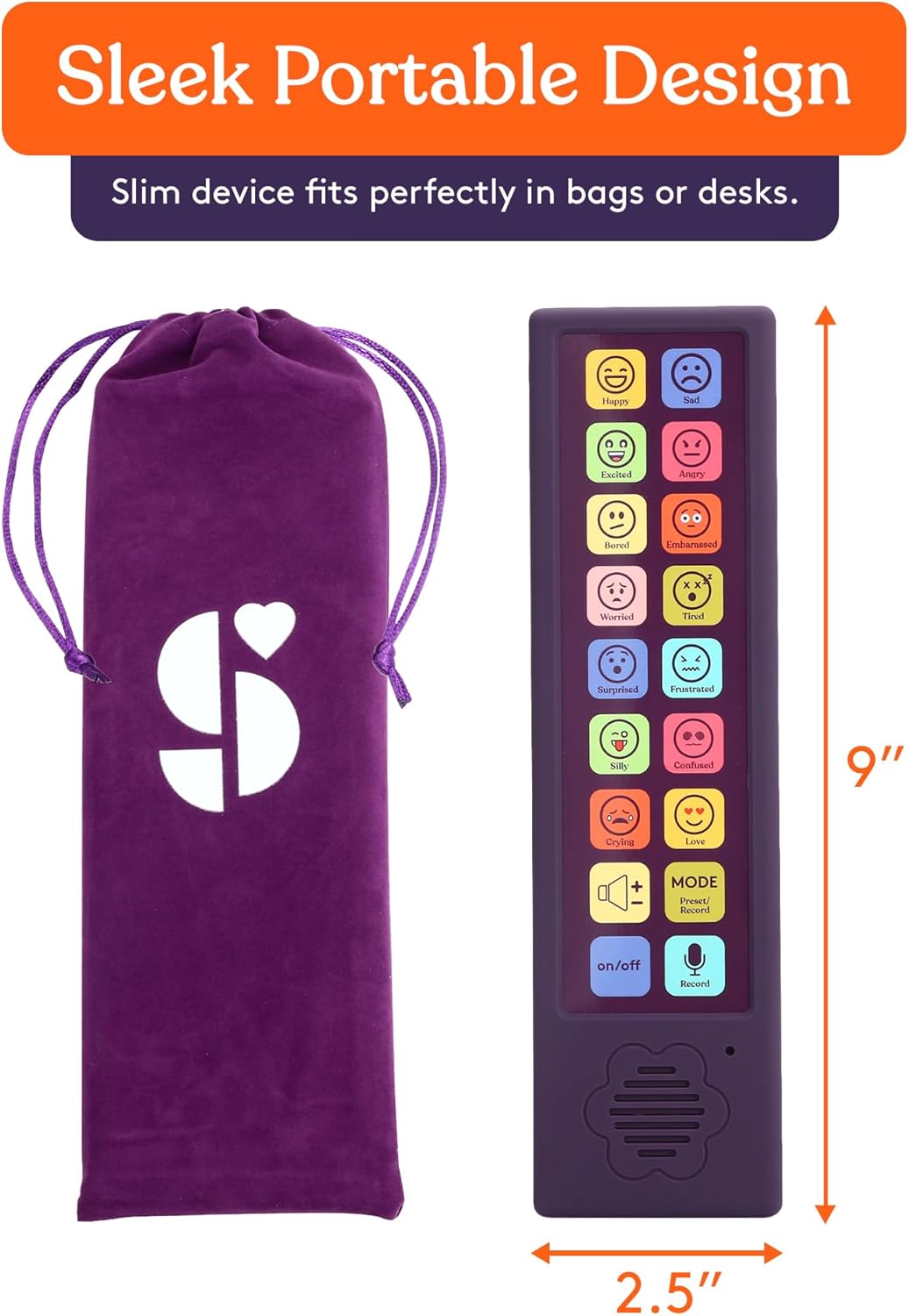The dimensions of the Emotion Talker Buddy AAC Device.