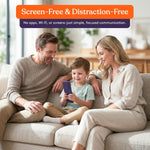 A child smiles and sits between two adults while looking at and holding the Emotion Talker AAC Device.