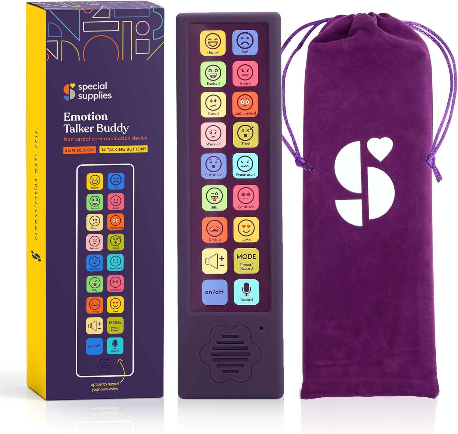 The product box next to the Emotion Talker AAC Device next to the carrying bag.