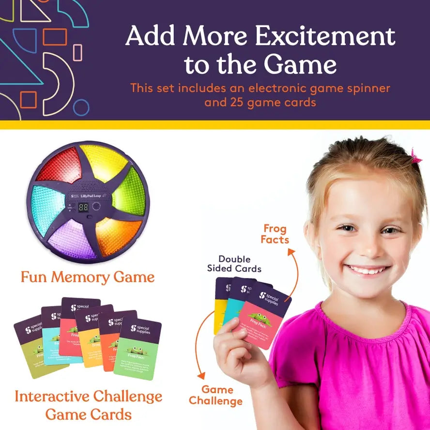 A child holds up the double-sided interactive challenge game cards. 