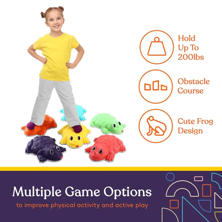 An infographic depicting the multiple game options for the Frog Stepping Stones.