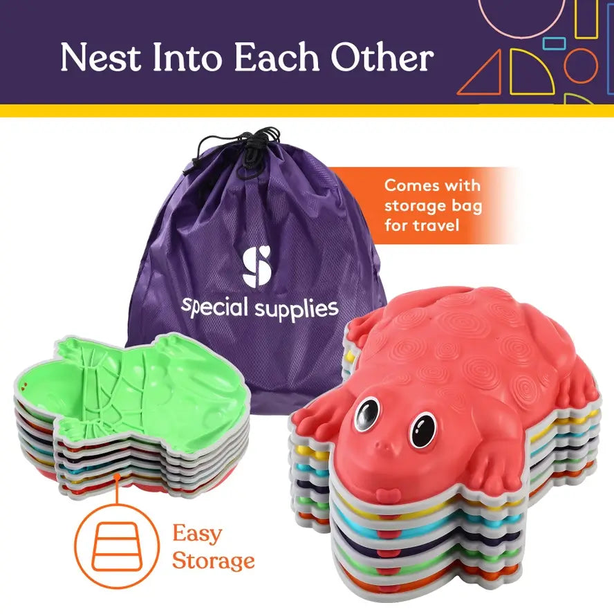 An infographic demonstrating how the Frog Stepping Stones stack onto each other for easy storage.