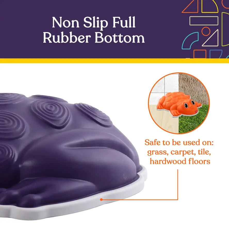An infographic depicting the non-lip full rubber bottom of the Frog Stepping Stones.