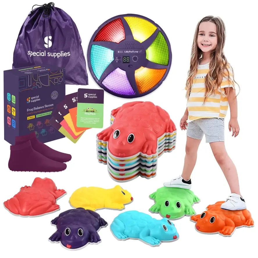 A child stands on two colorful Frog Stepping Stones. The rest of the image has the contents of the product box.