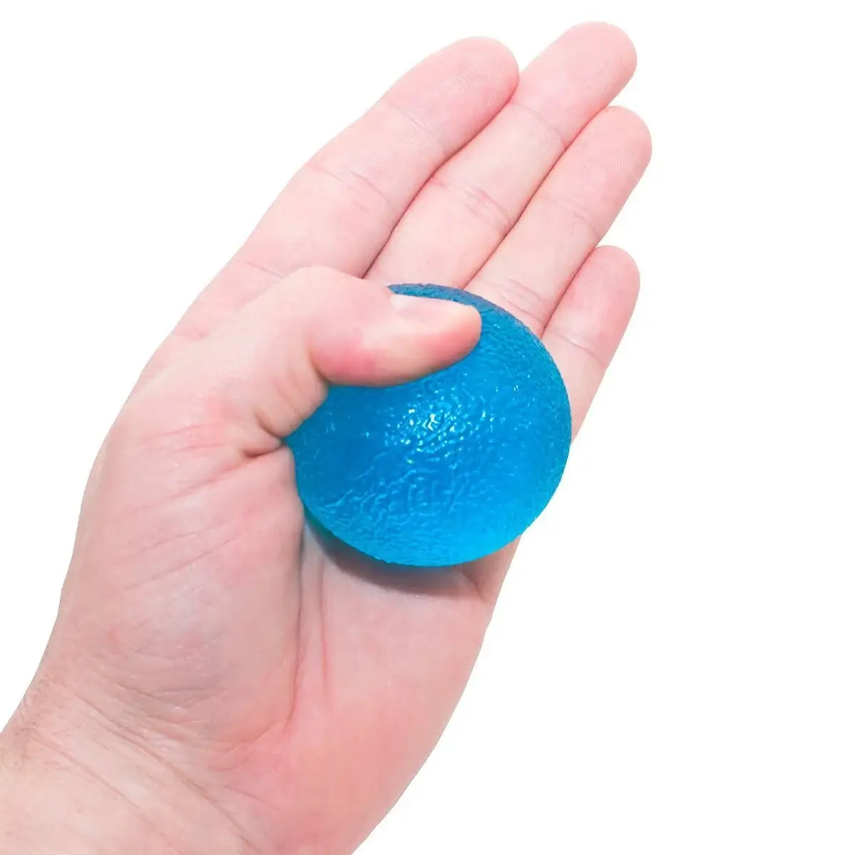 A hand holds the blue Hand and Finger Grip Strengthener Stress Ball and holds it in its palm with its thumb.