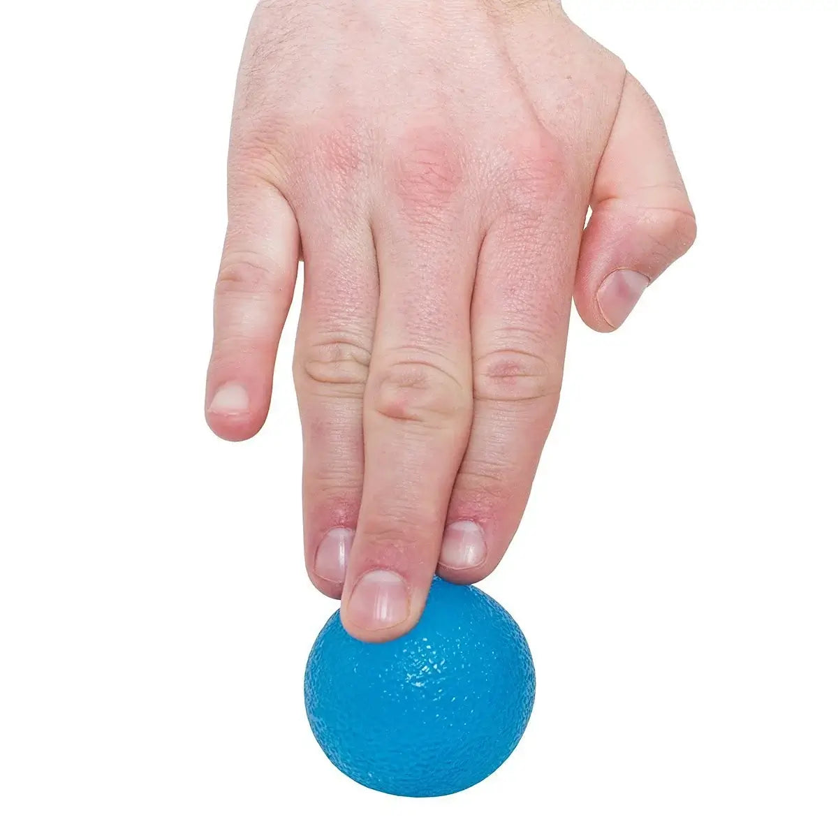 A hand uses three fingers to press down on the blue Hand and Finger Grip Strengthener Stress Ball.