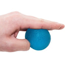 A hand holds the blue Hand and Finger Grip Strengthener Stress Ball with its thumb and fingers.