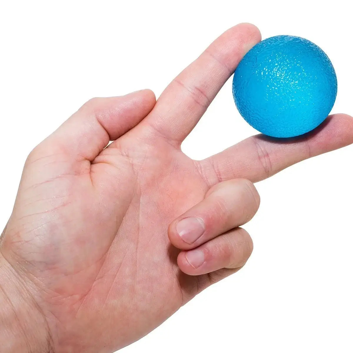 The blue Hand and Finger Grip Strengthener Stress Ball is held between the index and middle fingers.