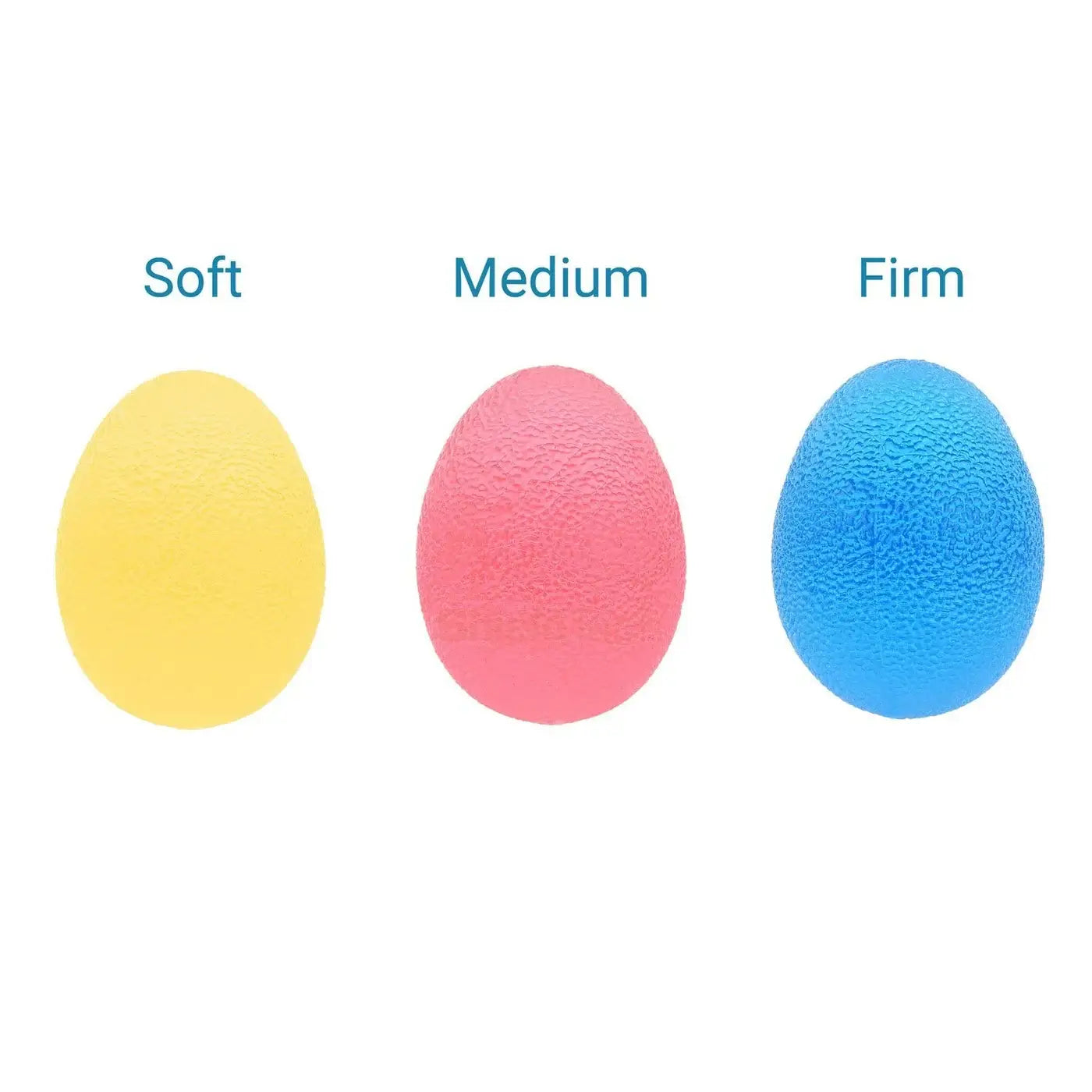 The set of 3 Hand and Finger Grip Strengthener Egg Shaped Stress Balls: yellow - soft; red - medium; blue - firm.