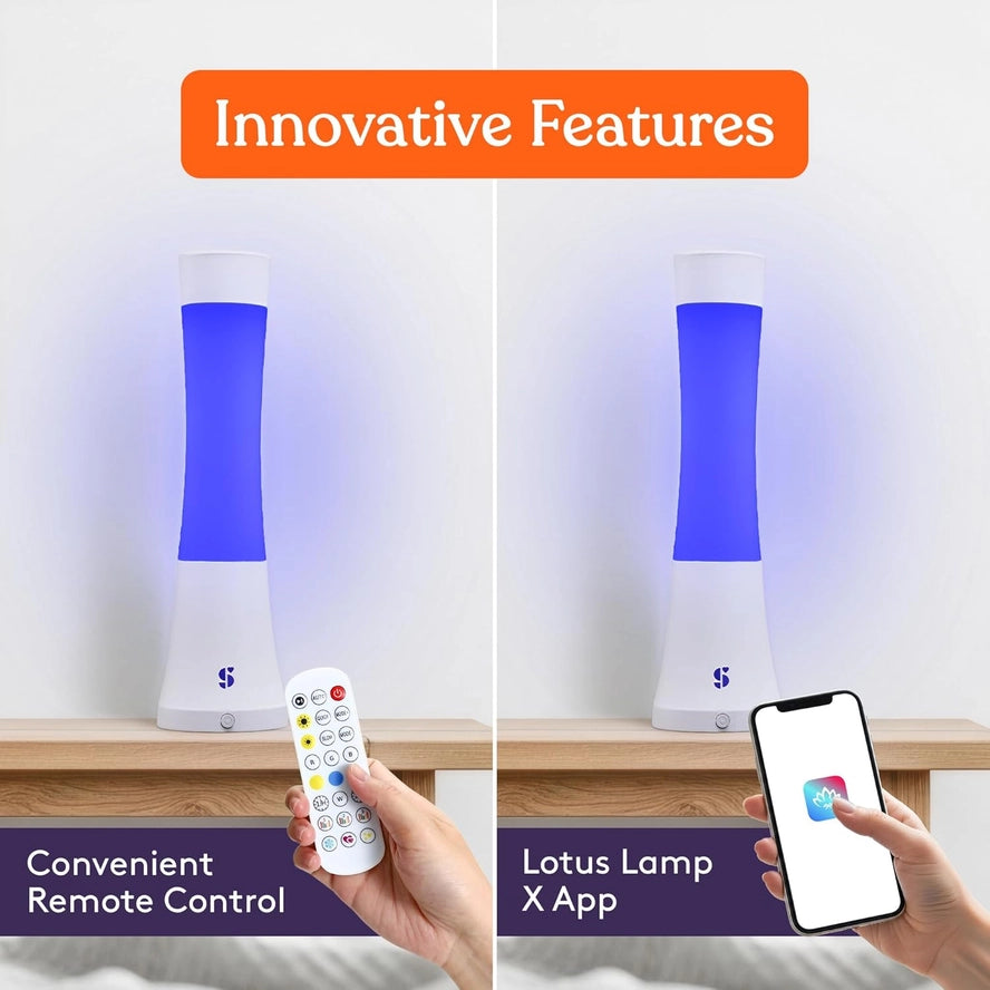An infographic demonstrating the Light Lava Lamps control by remote or Lotus Lamp X App.