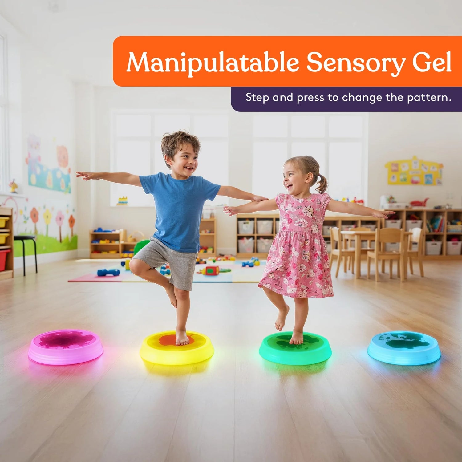 Two children step on the Special Supplies Round Liquid Gel LED Stepping Stones - 4-pack. 