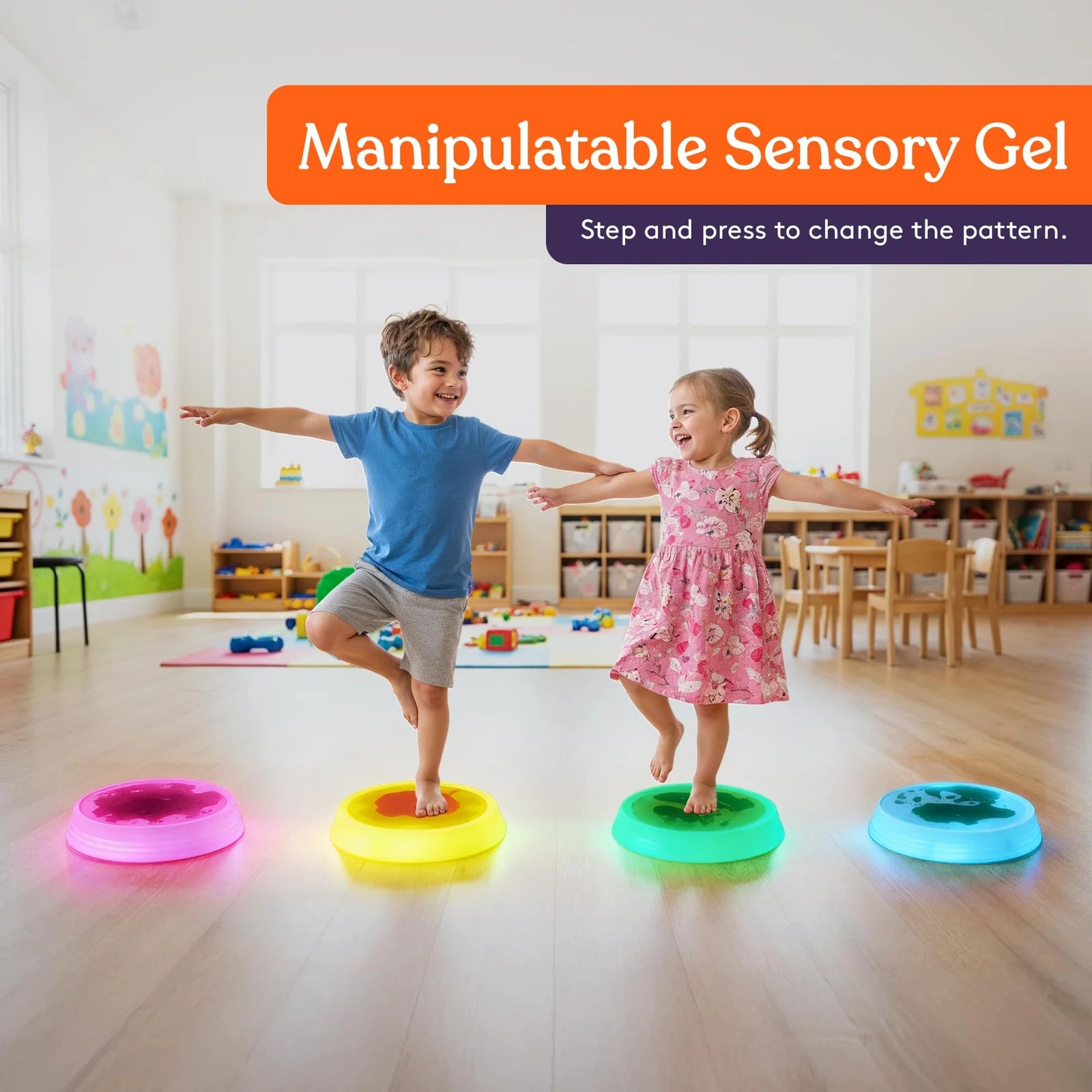 Two children step on the Special Supplies Round Liquid Gel LED Stepping Stones - 4-pack. 