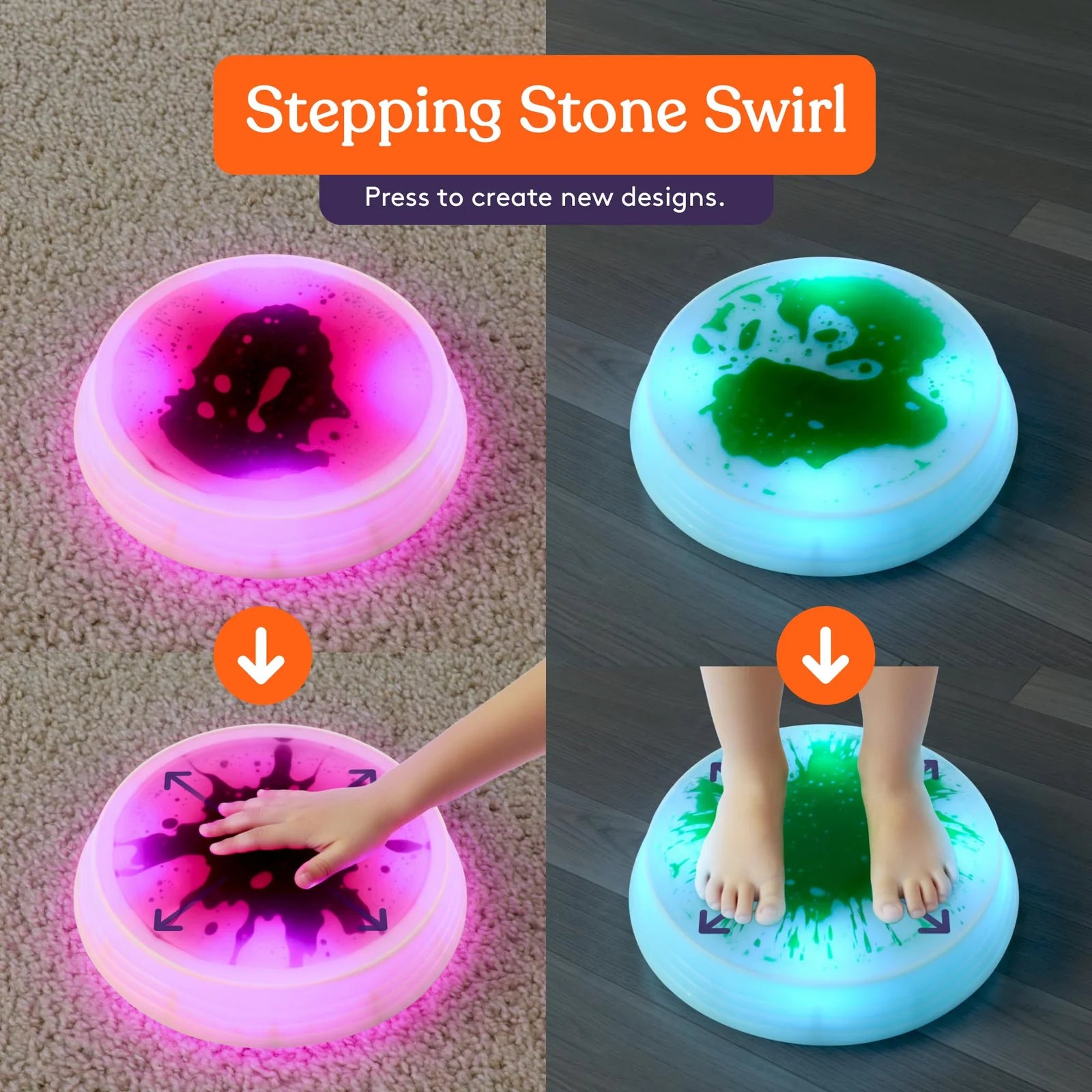 An infographic showing how the Liquid Gel moves on the Special Supplies Round Liquid Gel LED Stepping Stones - 4-pack.