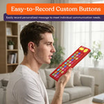 A man holds the Medical Talker Buddy AAC Device up to his face and records a message.