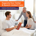 A man in a hospital bed uses the Medical Talker Buddy AAC Device to communicate to visitors.