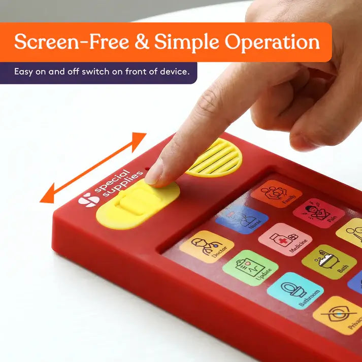 An infographic showing the on and off switch on the Medical Talker Buddy AAC Device.