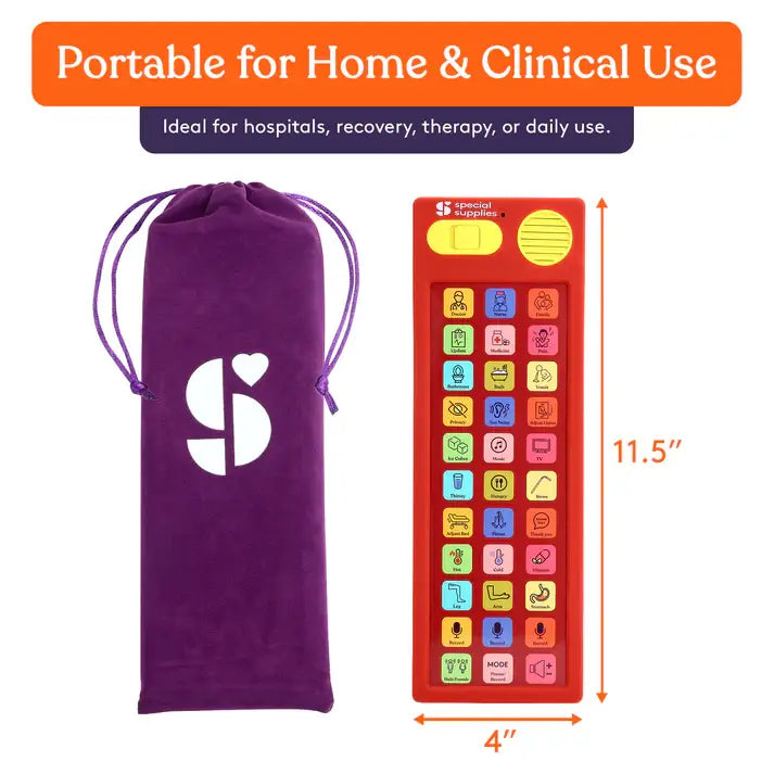 An infographic showing the dimensions of the Medical Talker Buddy AAC Device.