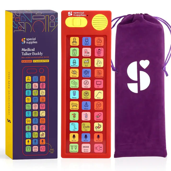 The product box next to the Medical Talker Buddy AAC Device next to the purple bag.