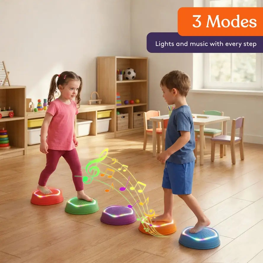 Two children move towards each other on the Musical LED Stepping Stones.