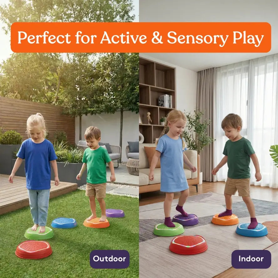 An infographic demonstrating that the Musical LED Stepping Stones are good for indoor and outdoor play.