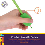 A hand holds a lime green coloring pencil with a bright green Pencil Egg Grip.