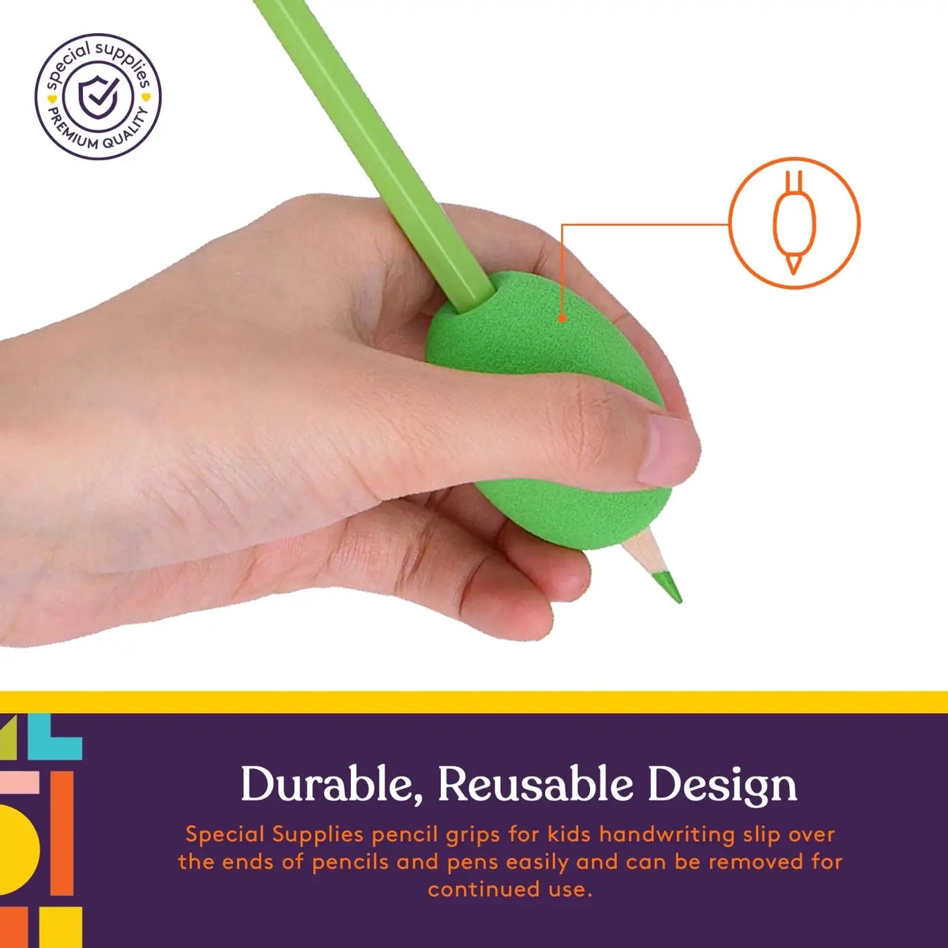 A hand holds a lime green coloring pencil with a bright green Pencil Egg Grip.