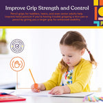 A child sits in front of an open notebook and uses an orange Pencil Egg Grip from Special Supplies.