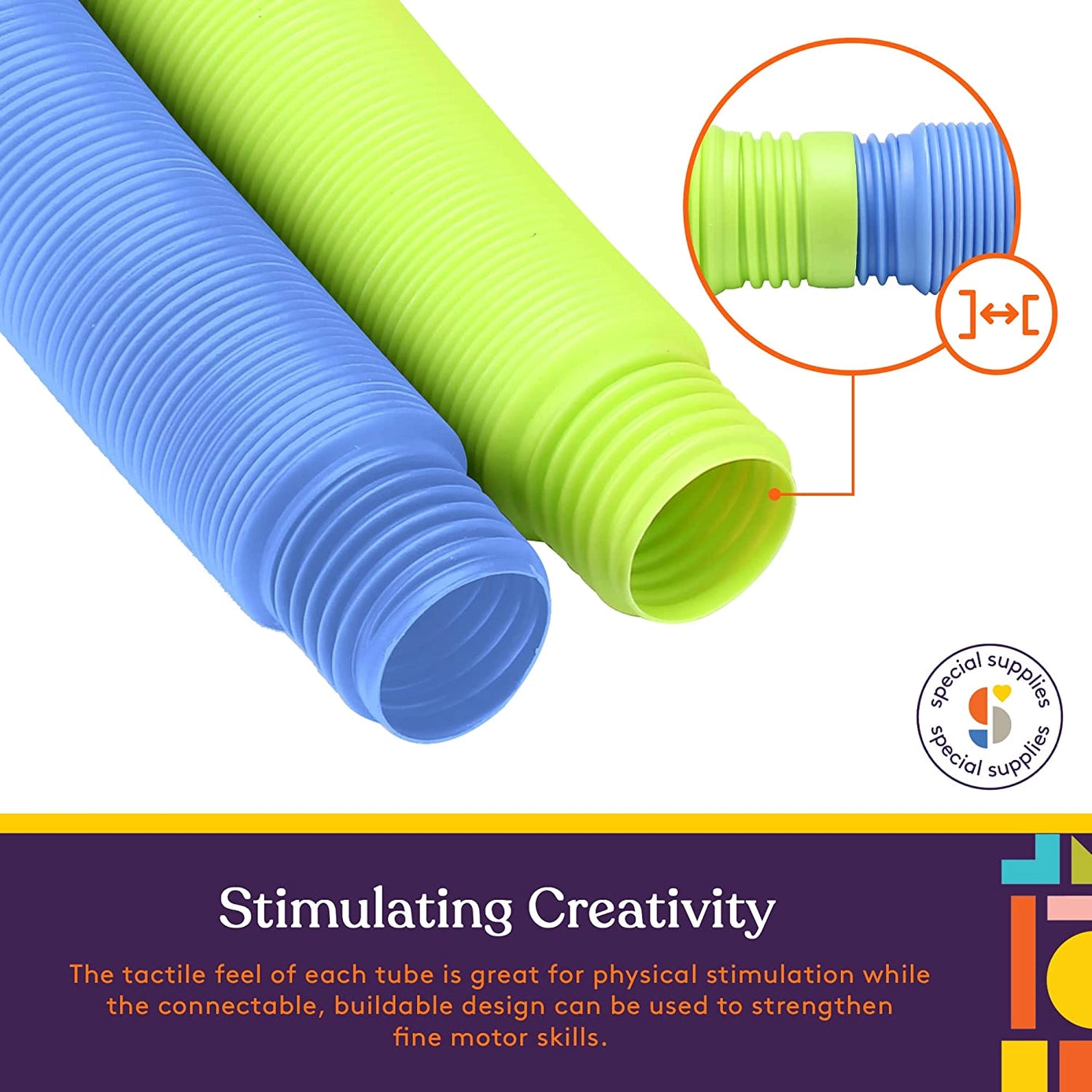 This infographic says that these Giant Pop Tubes stimulate creativity. Text reads: the tactile feel of each tube is great for physical stimulation while the connectable, buildable design can be used to strengthen fine motor skills.