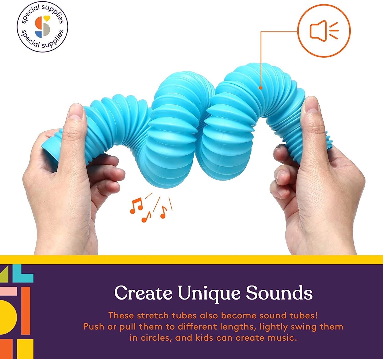 Two hands twist up the blue Giant Pop Tube to create unique sounds.