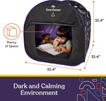 An infographic showing the dimensions of the My Cozy Corner Sensory Blackout Tent.