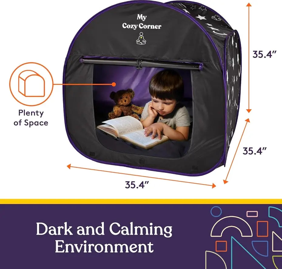 An infographic showing the dimensions of the My Cozy Corner Sensory Blackout Tent.
