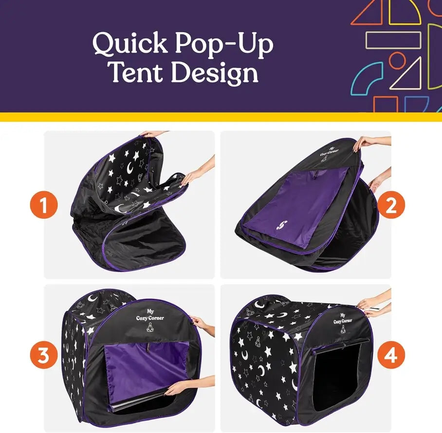 An infographic depicting how to break down the My Cozy Corner Sensory Blackout Tent.