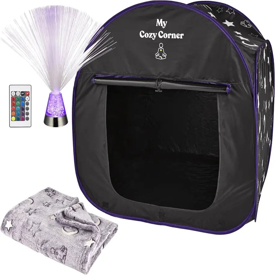 An empty My Cozy Corner Sensory Blackout Tent with all of the included items.