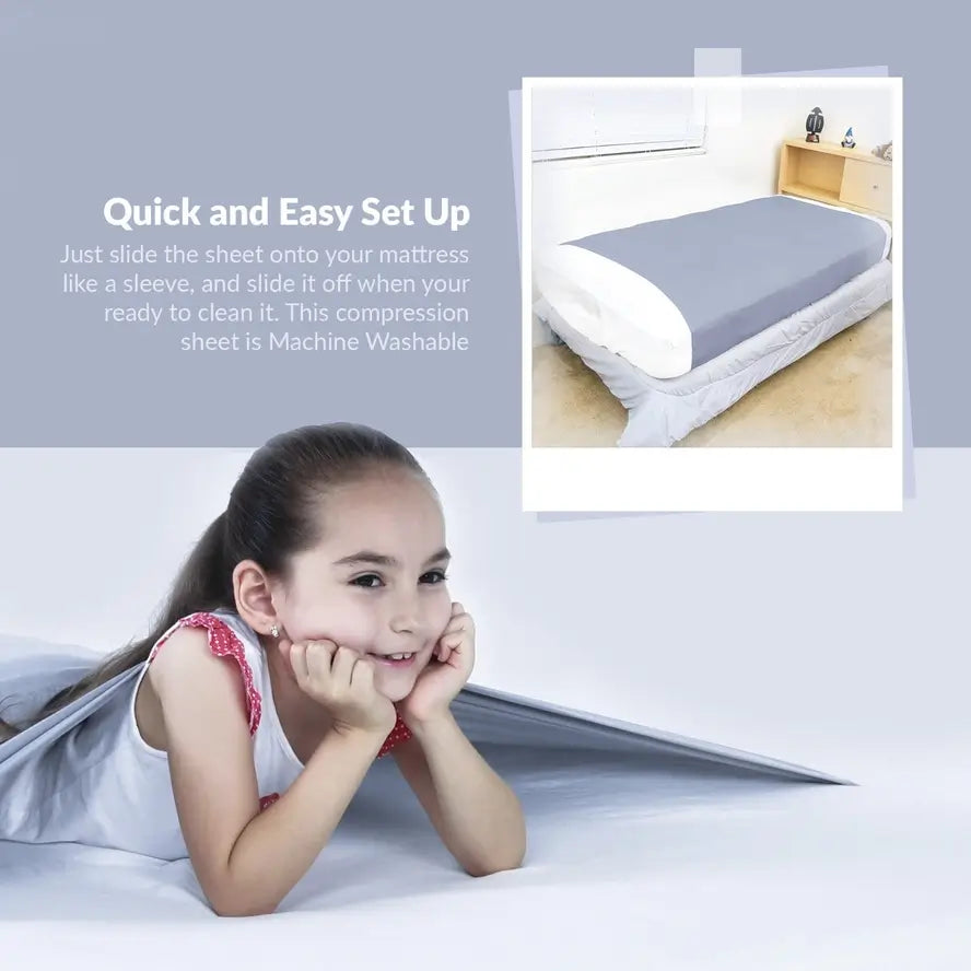An infographic depicting the quick and easy set up of the Grey Queen Sized Compression Bed Sheet.