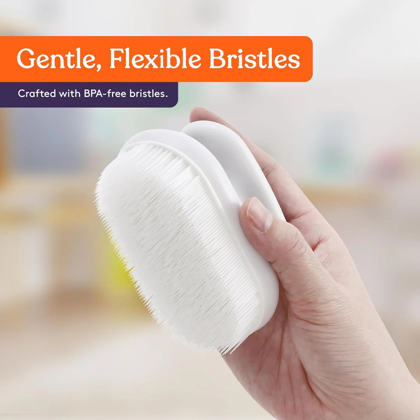 An infographic demonstrating the gentle, flexible bristles on the Sensory Brush with Handle.