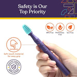 An infographic demonstrating the safety features of the Silicone Sensory Mouth Brush and Oral Stimulation Tool.
