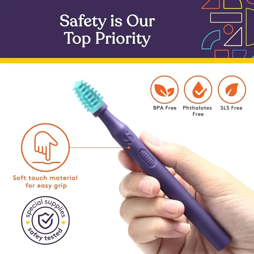 An infographic demonstrating the safety features of the Silicone Sensory Mouth Brush and Oral Stimulation Tool.