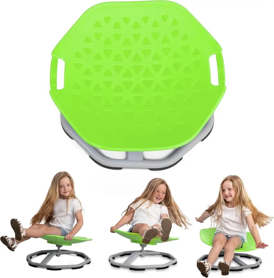 A product photo with a child in three different motion stills on the Green Spin Chair.