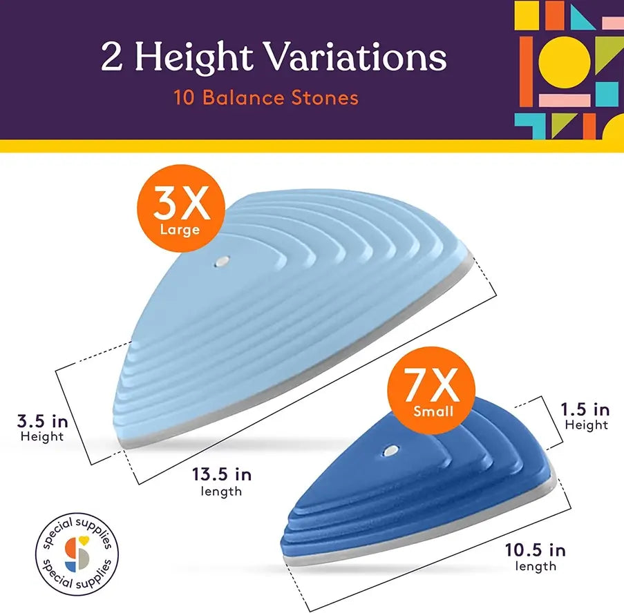 An infographic with the dimensions of the Stepping Stones. Large: 13.5"x3.5". Small: 10.5"x1.5".
