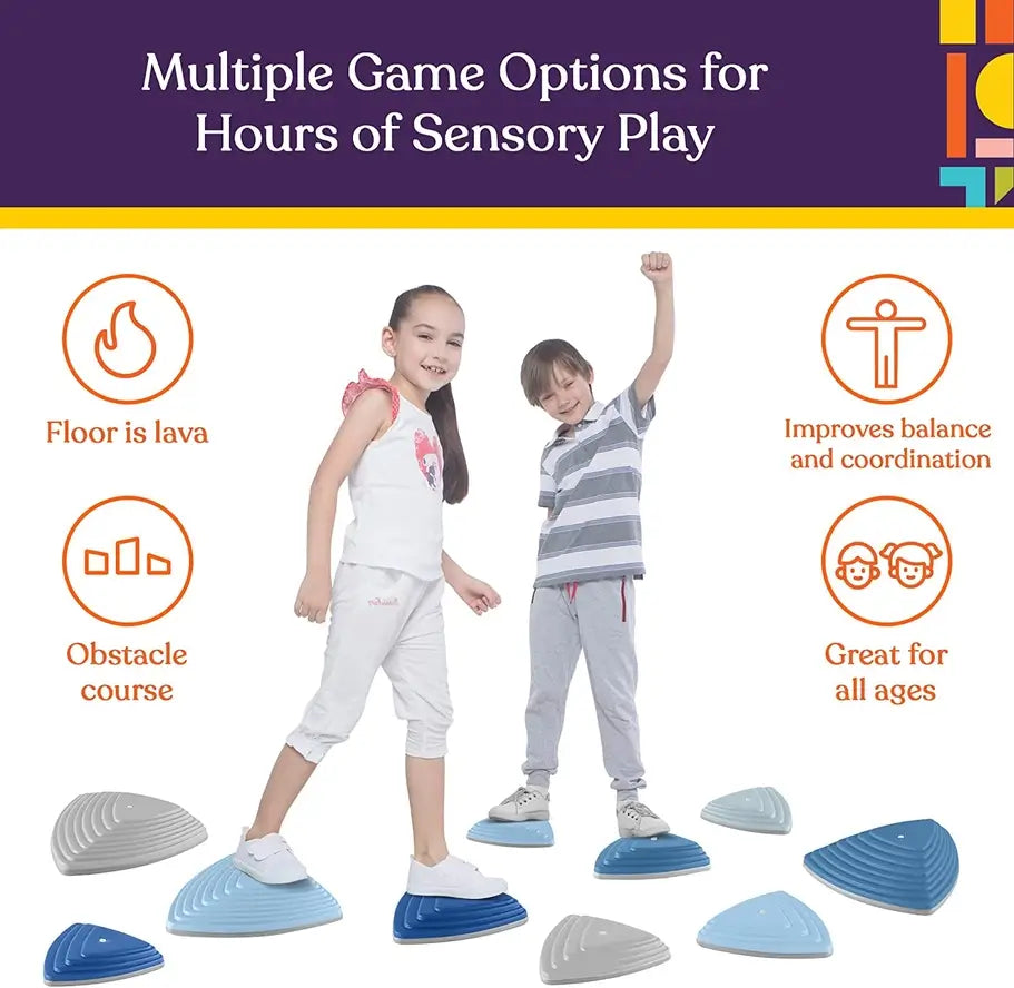 Two children walk across a floor covered in the Ocean variant Stepping Stones.