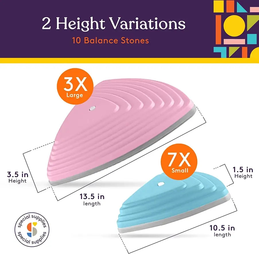 An infographic with the dimensions of the Stepping Stones. Large: 13.5"x3.5". Small: 10.5"x1.5".