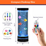 An infographic displaying what comes with the Table Top LED Aquarium Bubble Tube as well as its dimensions.