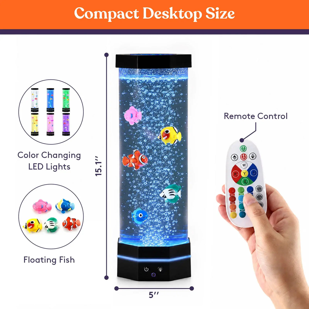 An infographic displaying what comes with the Table Top LED Aquarium Bubble Tube as well as its dimensions.