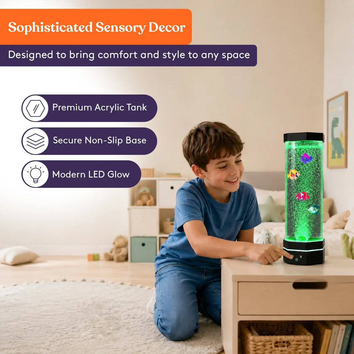 A child adjusts the lighting functions on the Table Top LED Aquarium Bubble Tube in their bedroom.