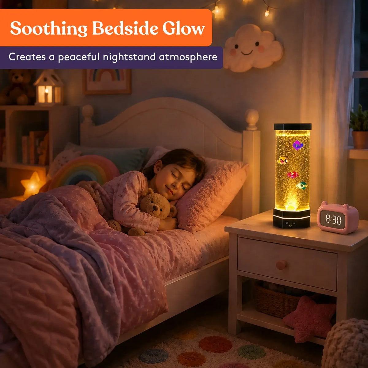 A child sleeps next to the soft glow of the Table Top LED Aquarium Bubble Tube.