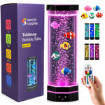 The Table Top LED Aquarium Bubble Tube next to its product package.